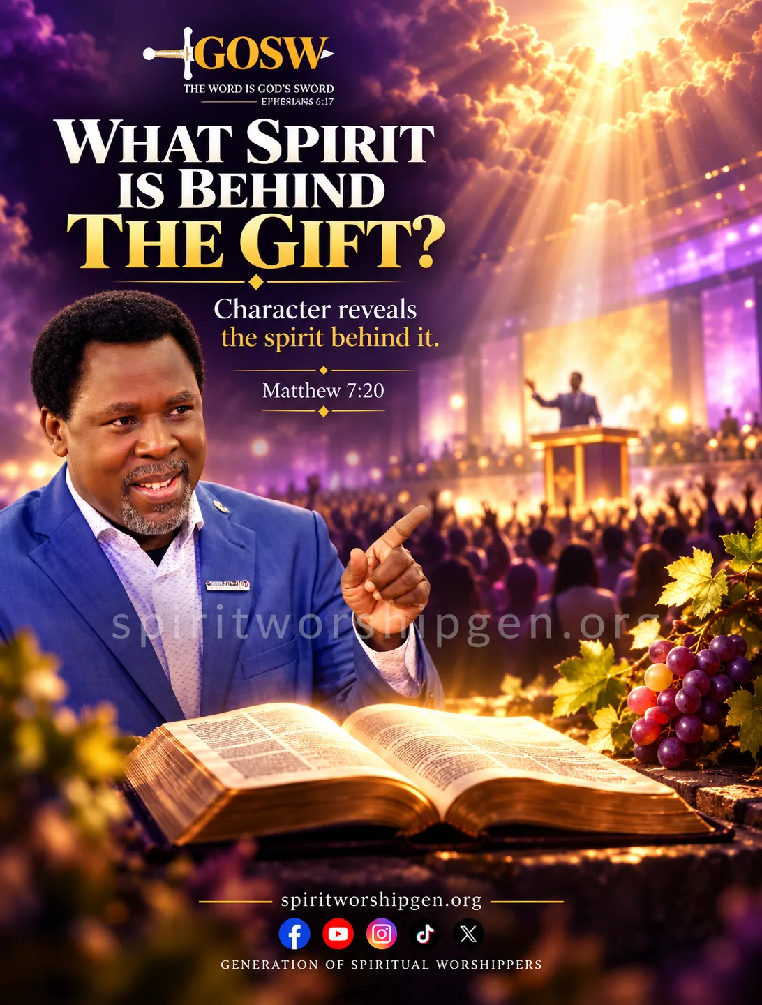 A believer's open lips and an open Bible with a golden flame of the Spirit rising above them, with a shadowed second flame fading beside it