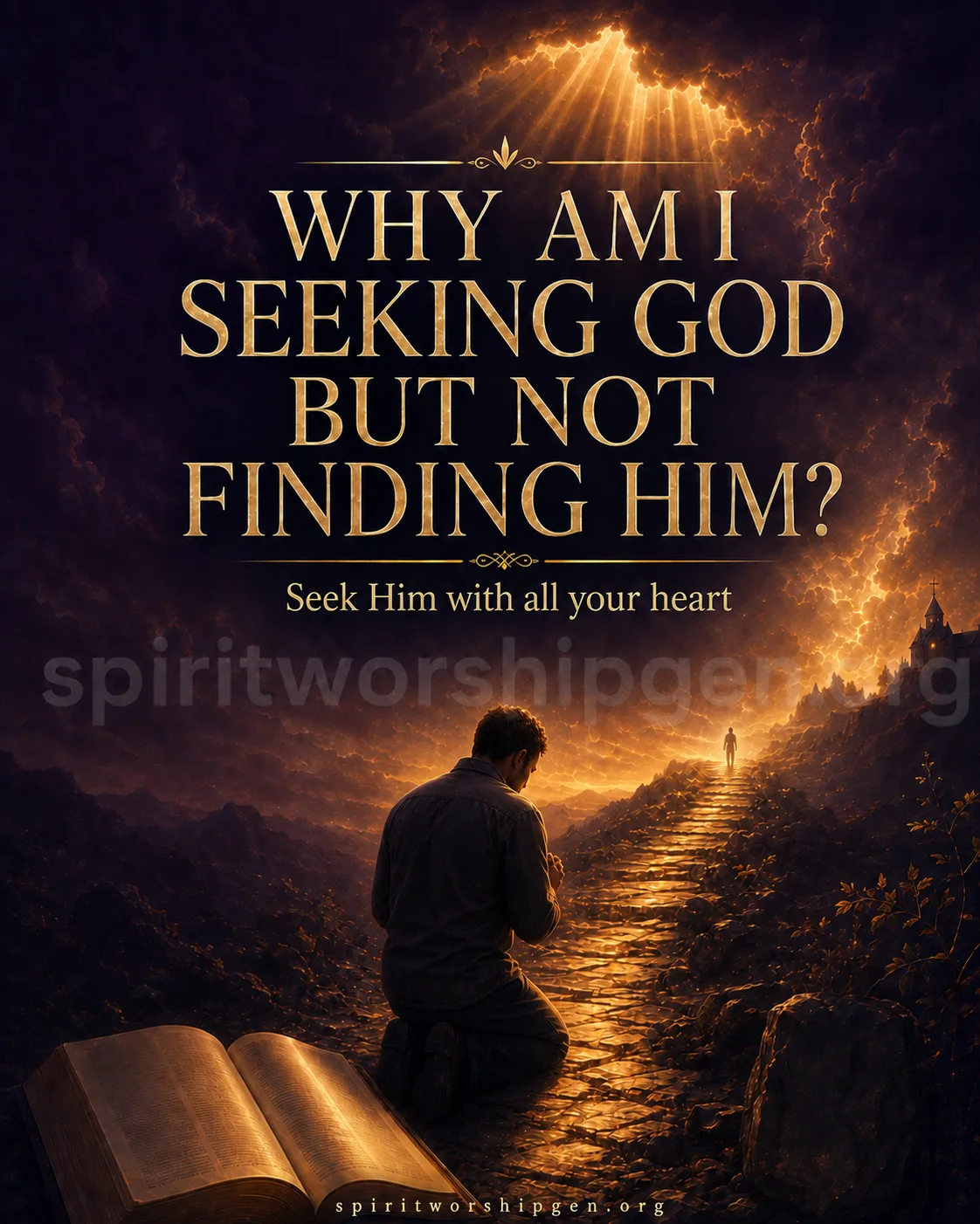 A man kneeling in prayer beside an open Bible on a stone path leading toward a distant glowing light and church