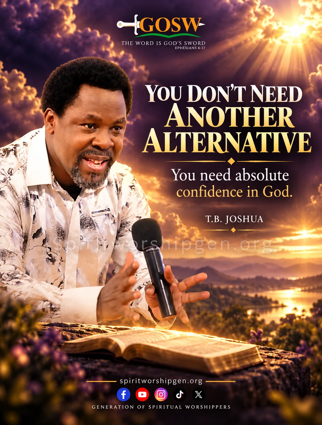 Prophet TB Joshua speaking beside an open Bible, illustrating absolute confidence in God